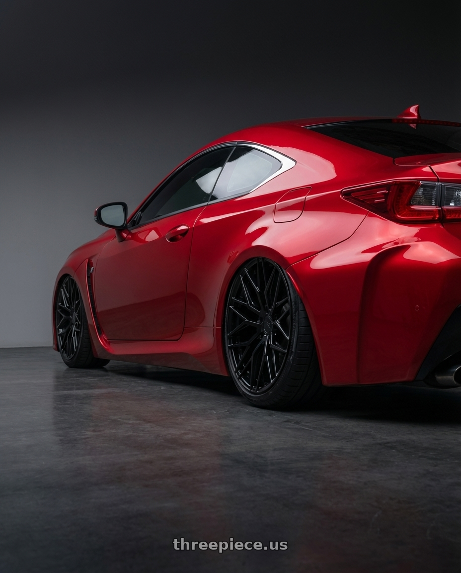 2018 Lexus RC F with Avant Garde Wheels M520R 5X114.3 19x8.5 +35 Gloss Black wheels rear three quarter view slight stretch tires