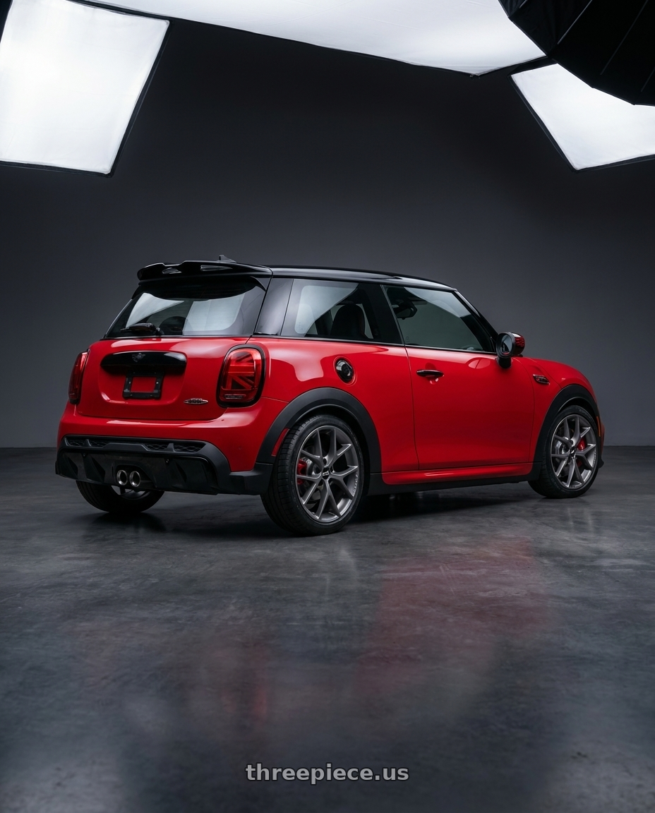 2025 mini jcw red with BBS SR 5x112 18x8.0+30 Satin Himalaya Grey wheels rear three quarter view square tires