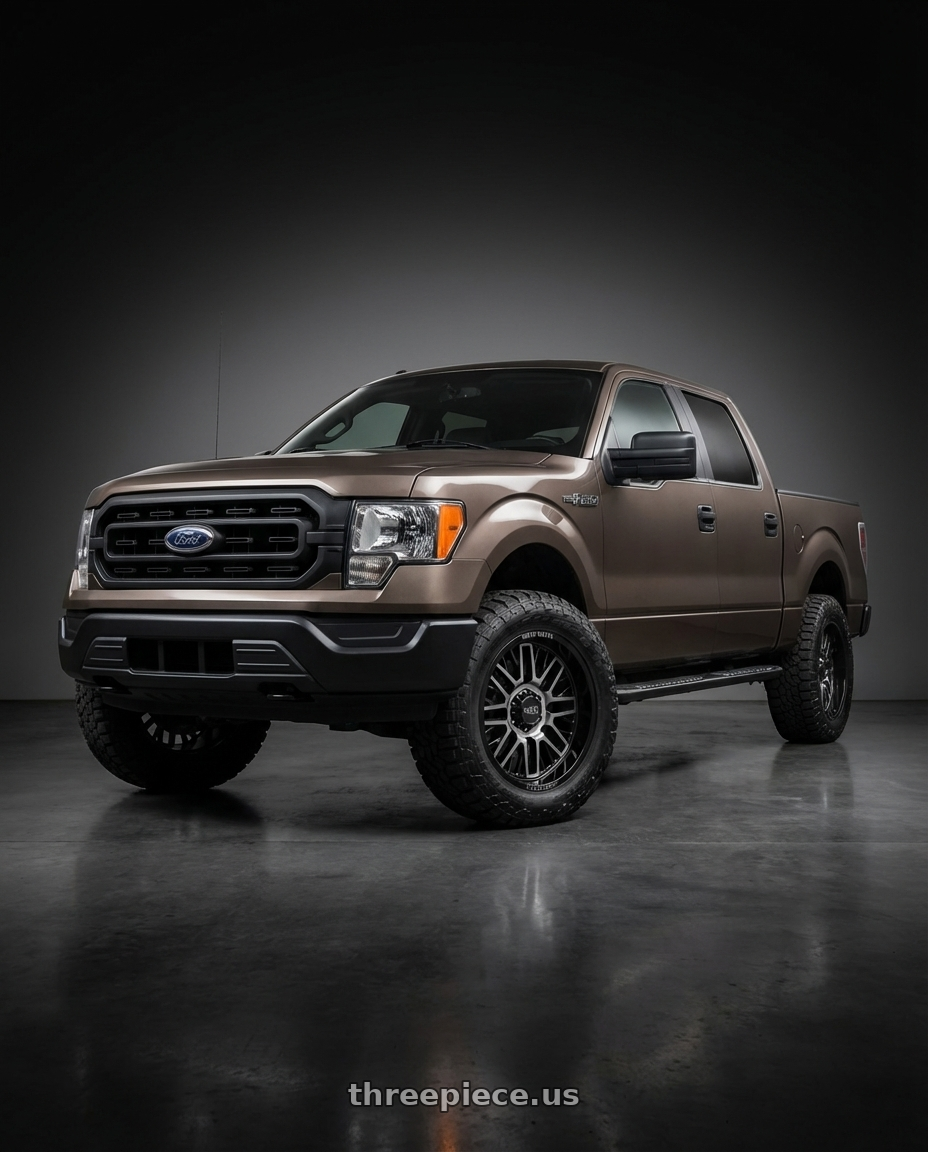 2013 Ford F-150 with Moto Metal MO802 6X135 20X9 +0 GLOSS BLACK MACHINED WITH GRAY TINT wheels front three quarter view stock stance