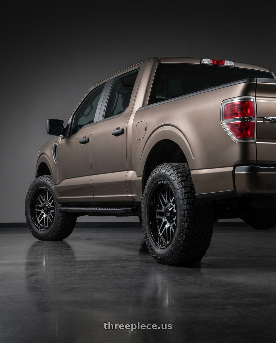 2013 Ford F-150 with Moto Metal MO802 6X135 20X9 +0 GLOSS BLACK MACHINED WITH GRAY TINT wheels rear three quarter view meaty tires