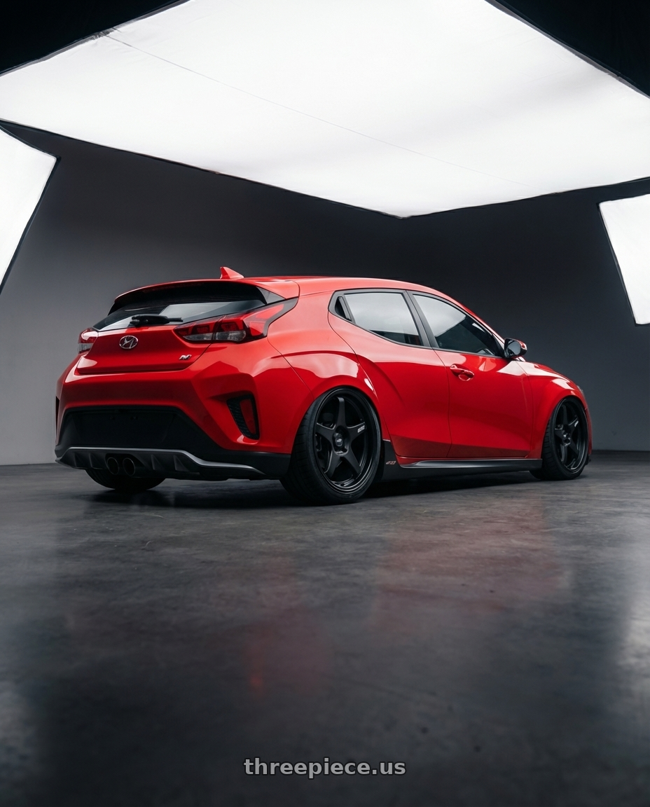 2022 Hyundai Veloster N with ESR Wheels APEX SERIES AP5 5x114.3 19x9.5 +22 Matte Black wheels rear three quarter view slight stretch tires