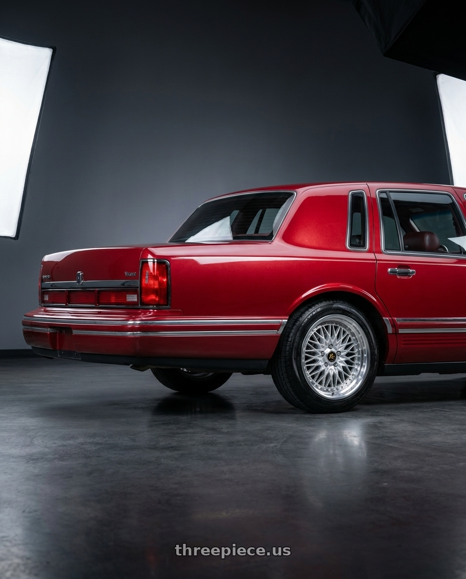 1994 lincoln towncar executive series with Work Vs-Xv 5x114.3 21x9+21 O Disk Silky Rich Silver wheels rear three quarter view square tires