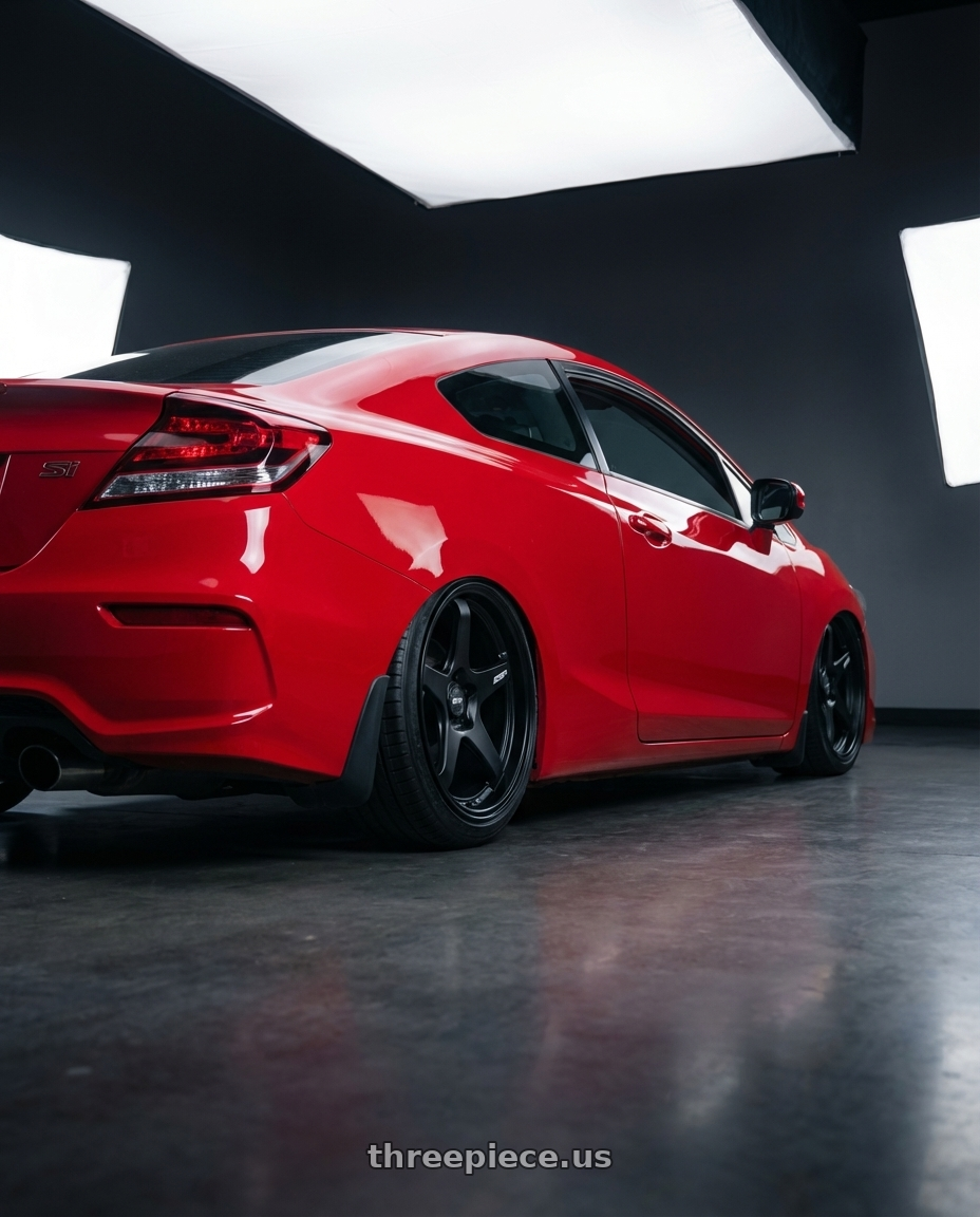 2011 Honda Civic Si with ESR Wheels APEX SERIES AP5 5x114.3 18x9.5 +35 Matte Black wheels rear three quarter view slight stretch tires