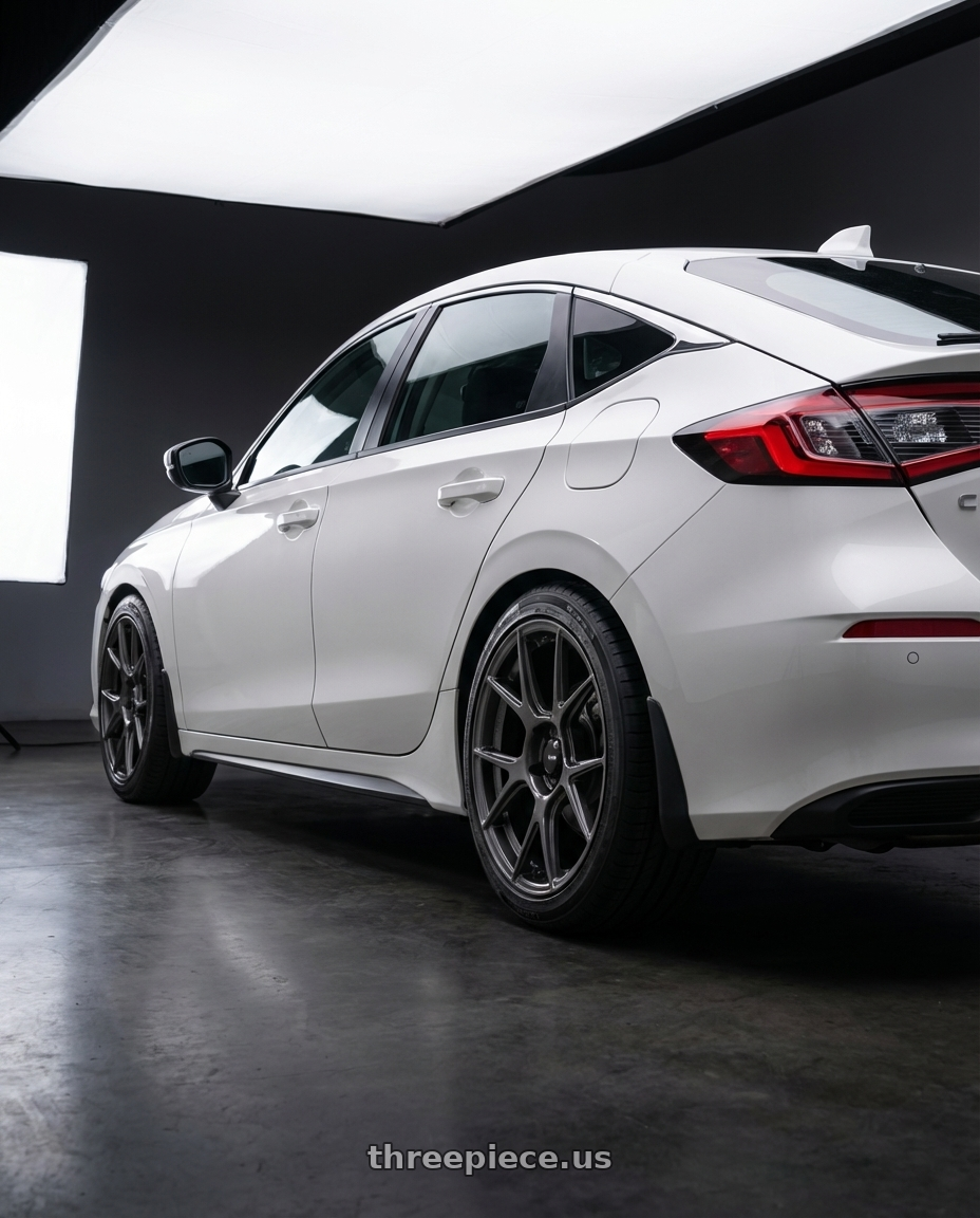 2024 Honda Civic with Konig Ampliform 5x114.3 18x9.5+25 Dark Metallic Graphite wheels rear three quarter view square tires