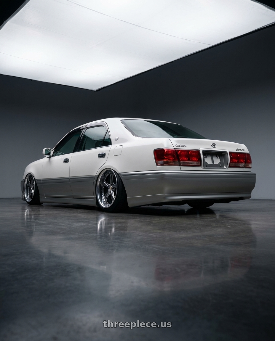 2000 Toyota crown athlete with Work Wheels VS-KF 5X114.3 19x8+15 Brilliant Silver Black A Disk FULL REVERSE wheels rear three quarter view slight stretch tires