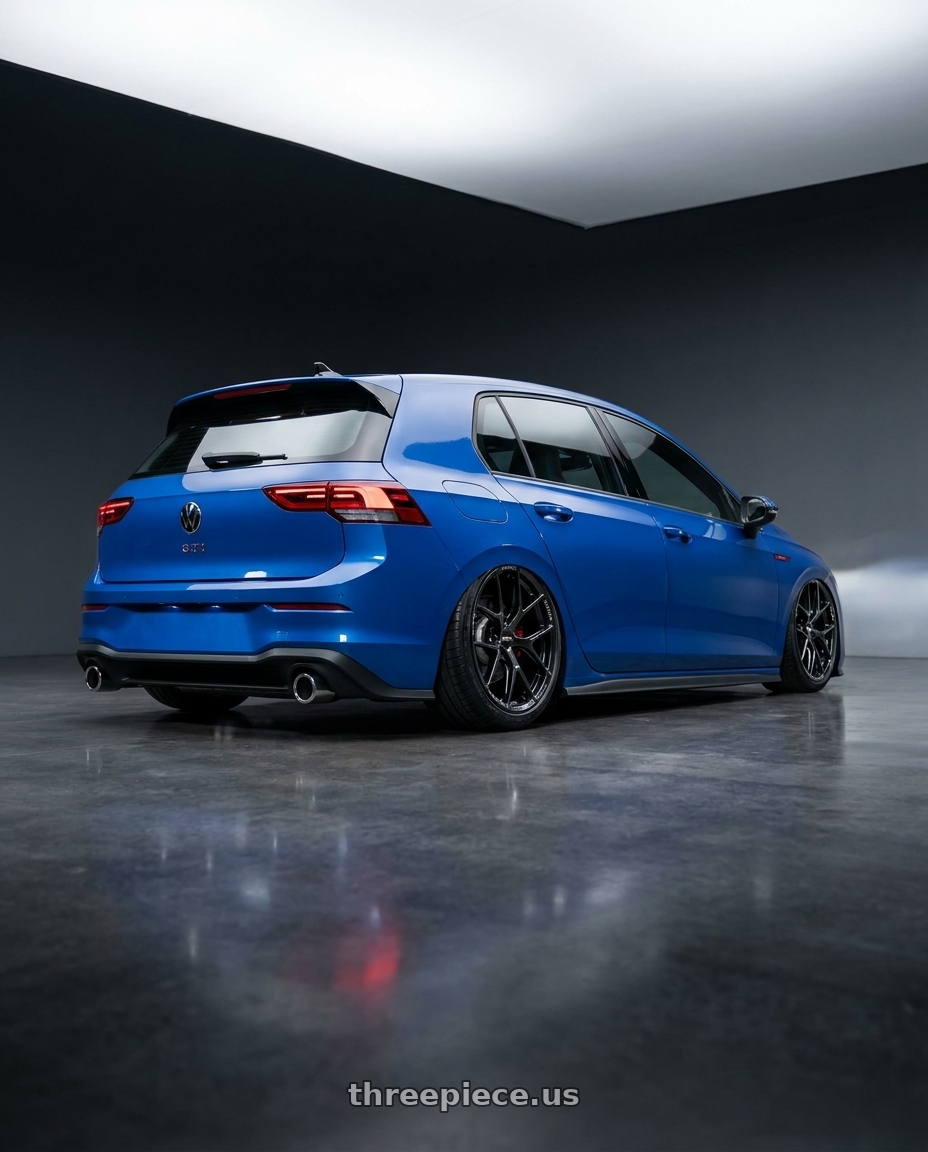 2026 Vw golf gti with BBS FI-R 5x112 20x9.0+35 Diamond Black wheels rear three quarter view slight stretch tires