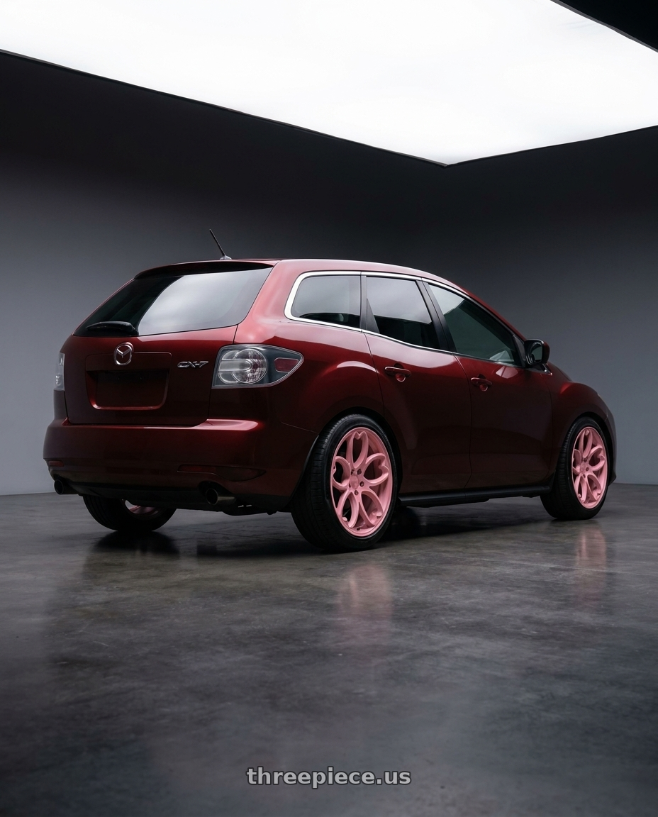 2010 Mazda cx7 with Heritage Wheel KOKORO 5x110 18x9.5 +38 Pink wheels rear three quarter view slight stretch tires