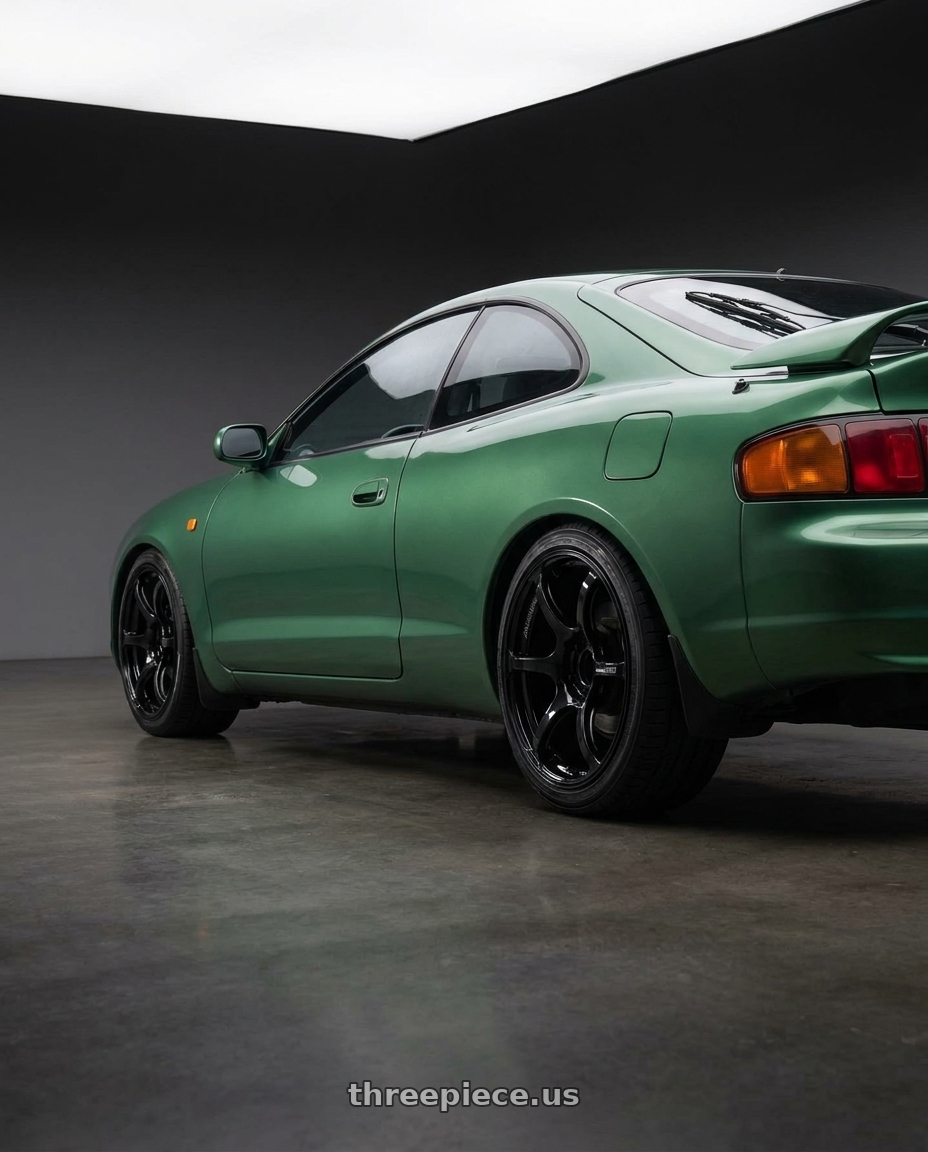 1997 Celica St204 with Advan RGIII 5x100 18x9.5+45 Gloss Black wheels rear three quarter view square tires