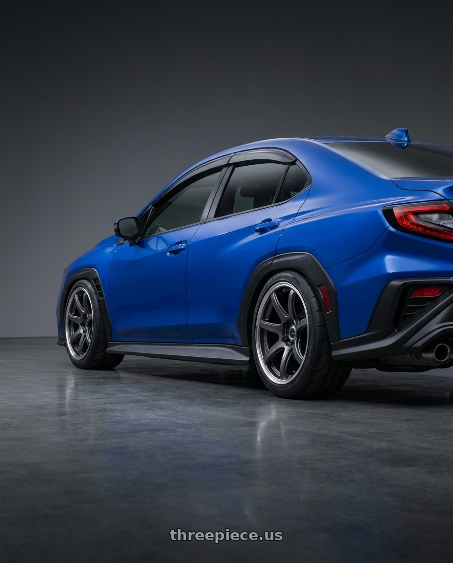 2023 subaru wrx with Work Emotion T7R 2P wheels rear three quarter view meaty tires