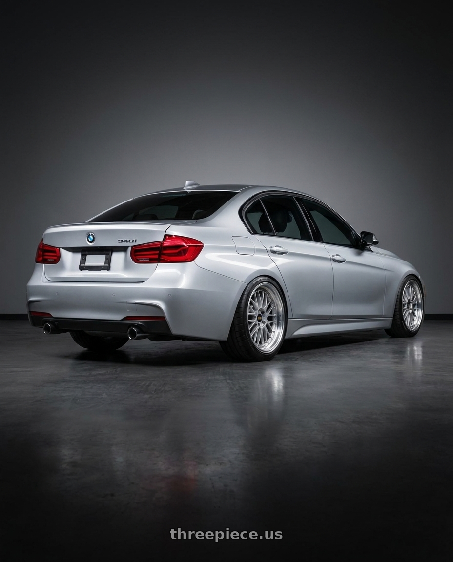 2017 BMW 340i with BBS LM 5x120 20x8.5+32 Diamond Silver wheels rear three quarter view meaty tires
