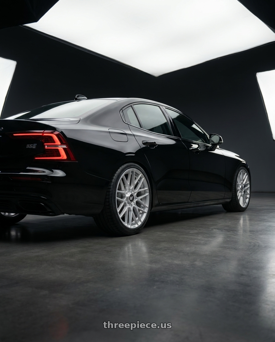 2022 Volvo s60 with Rotiform 1PC R140 RSE 5X108/5X114.3 18X8.5 +45 GLOSS SILVER wheels rear three quarter view square tires