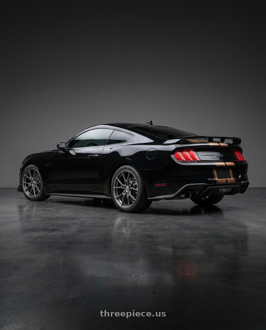 2022 ford mustang gt with E5 Wheels Daytona 5x120 20x9+38 TIU wheels rear three quarter view square tires