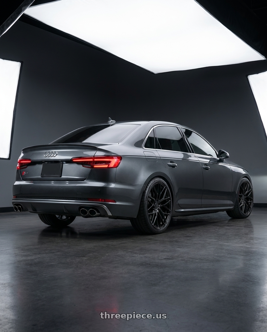 2023 Audi S4 B9 with Avant Garde Wheels M520R 5X112 19x9.5 +40 Gloss Black wheels rear three quarter view square tires