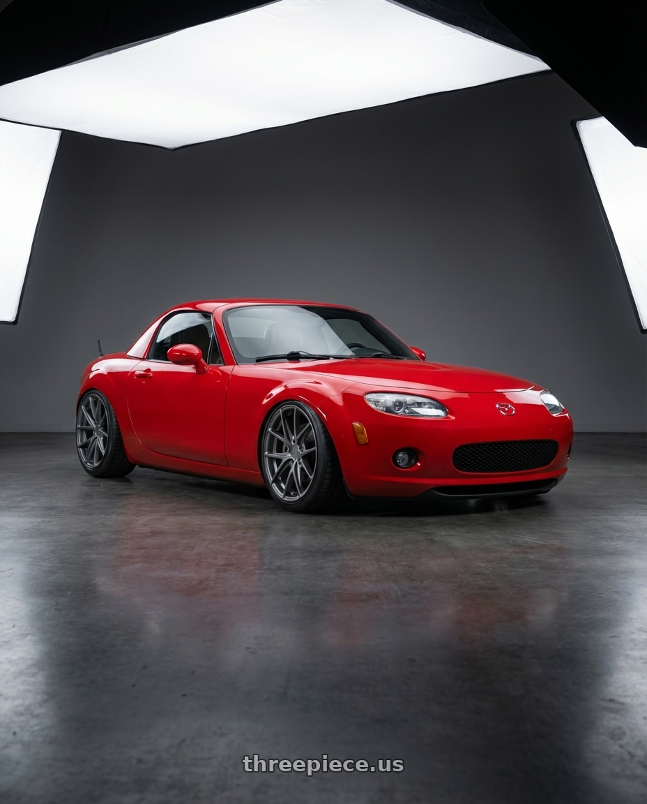 2012 Mazda MX-5 Miata NC with Niche 1PC M116 MISANO 5X114.3 17X8 +40 MATTE GUN METAL wheels front three quarter view stanced stance