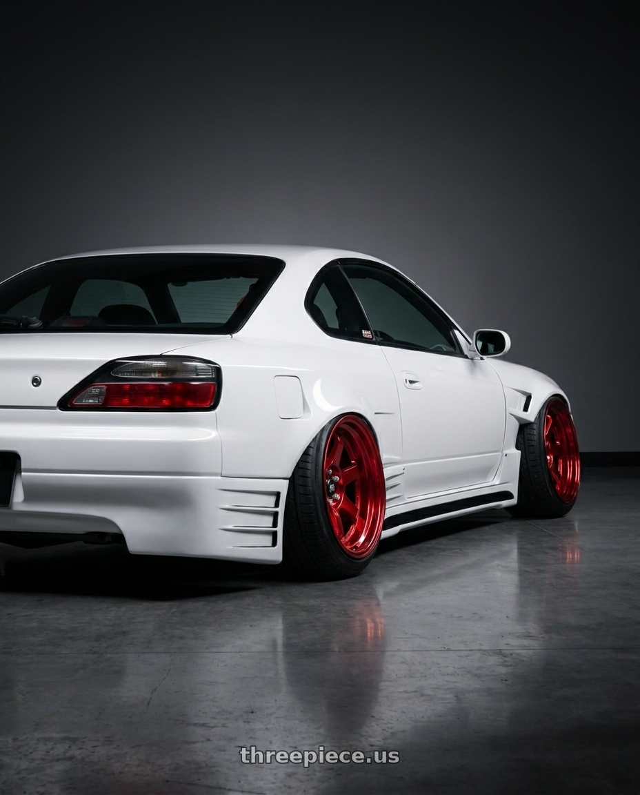 2000 Nissan s15 with MST Wheels Time Attack 5x114.3 17x9.0 +20 Ruby Red wheels rear three quarter view square tires