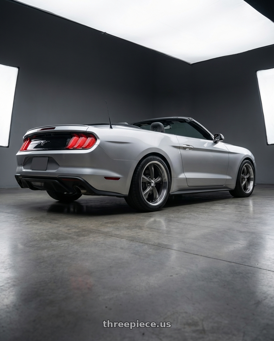 2018 ford mustang with American Racing Vintage VN338 BOSS TT 5X114.3 20X10 +35 GRAPHITE W/ DIAMOND CUT LIP wheels rear three quarter view slight stretch tires