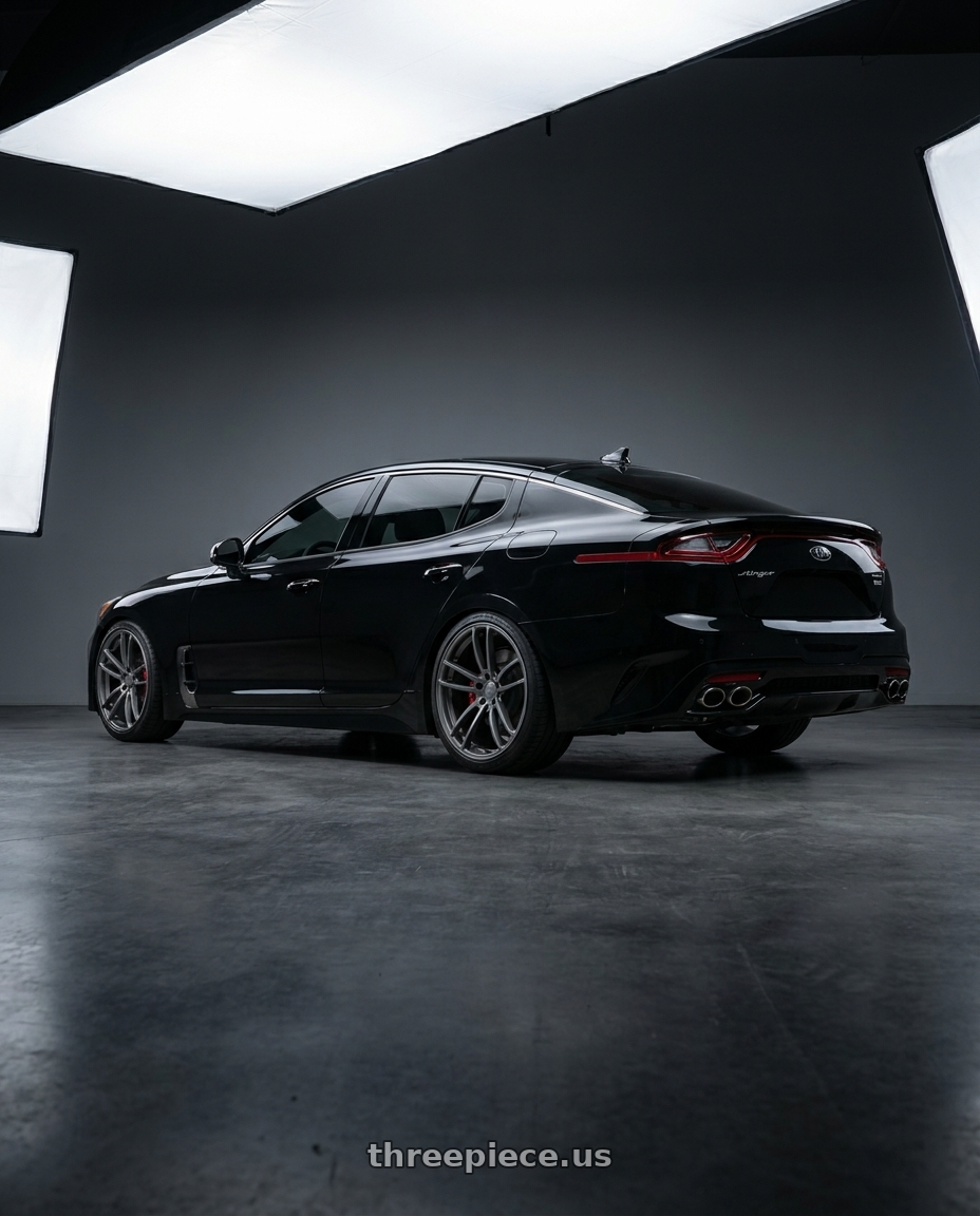 2018 Kia Stinger with American Racing AR941 MACH FIVE 5X114.3 19X9 +30 GRAPHITE wheels rear three quarter view staggered tires