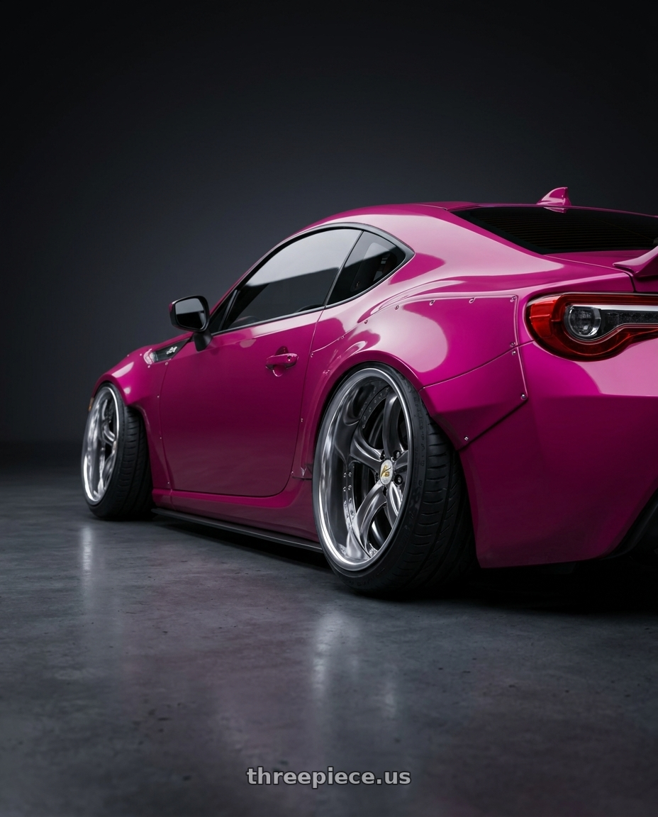 2016 Toyota GT86 with Work Wheels VS-KF 5X114.3 19x9-35 Brilliant Silver Black L Disk FULL REVERSE wheels rear three quarter view extreme stretch tires