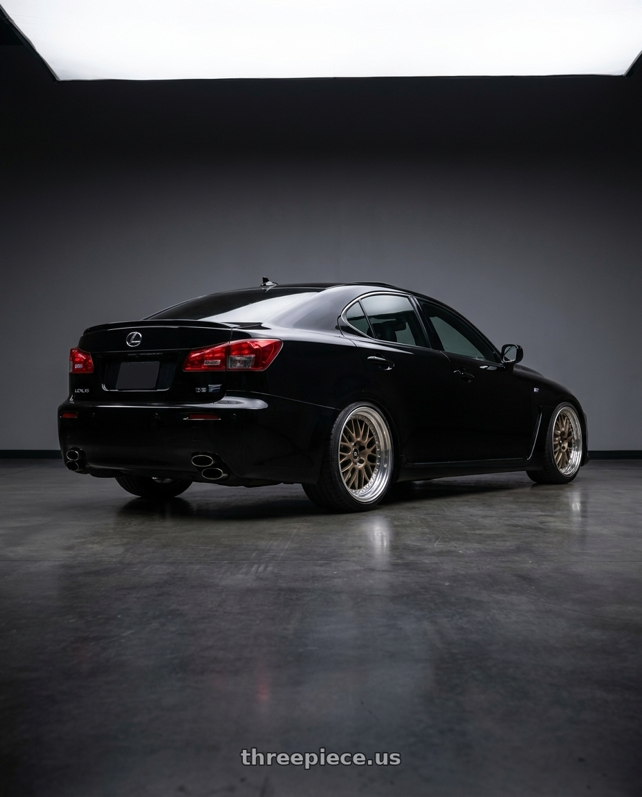 2011 Lexus ISF black  with Work Meister M1 3p 5x114.3 19x9+49 O Disk Titanium Gold wheels rear three quarter view square tires