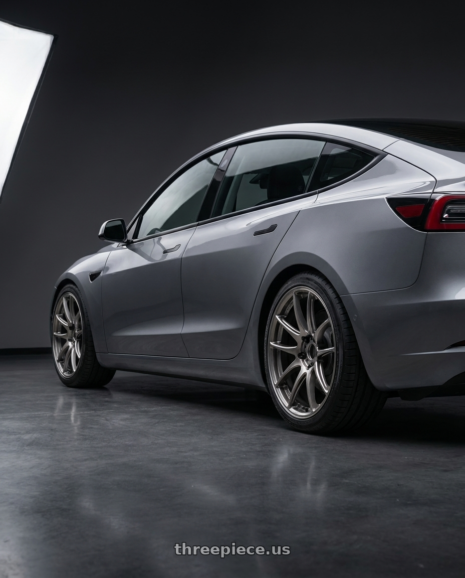 2023 tesla model 3 long range with WORK Emotion CR Shigoku 5x114.3 19x8.5 +30 Glow Gunmetal GGM wheels rear three quarter view square tires