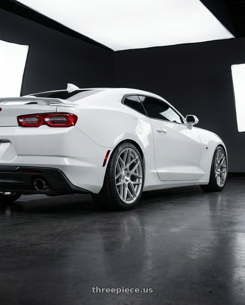 2022 Chevrolet Camaro with Aodhan AFF2 5x120 20x9+30 Gloss Silver Machined Face wheels rear three quarter view square tires