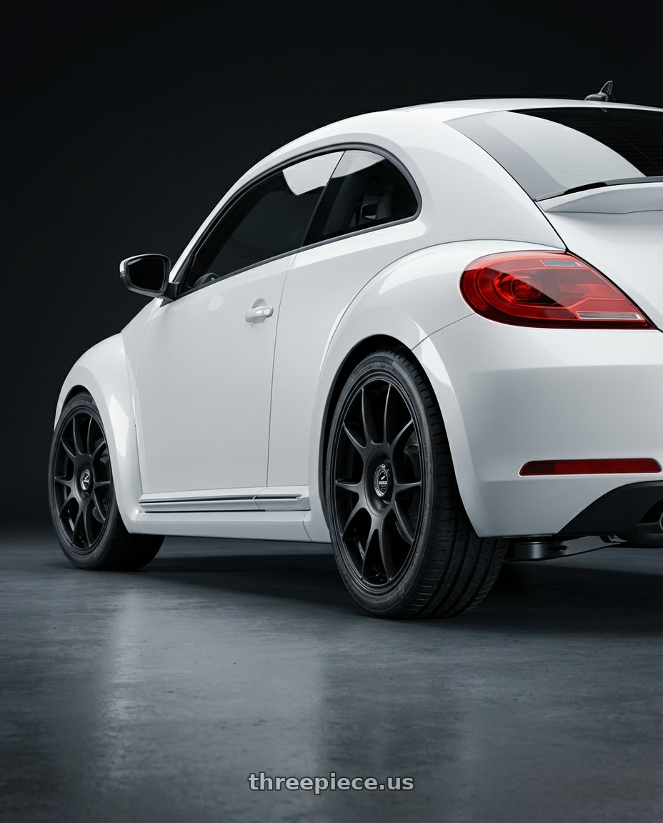 2016 Volkswagen Beetle Turbo with fifteen52 COMP 5x112 / 5x120 18x8.5 +35 ASPHALT BLACK (SATIN BLACK) wheels rear three quarter view square tires