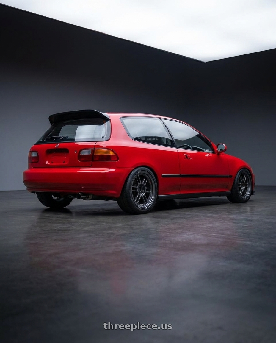 1993 Honda eg6 red with Enkei RPF1RS 5x114.3 18x9.5+12 Matte Gunmetal wheels rear three quarter view square tires