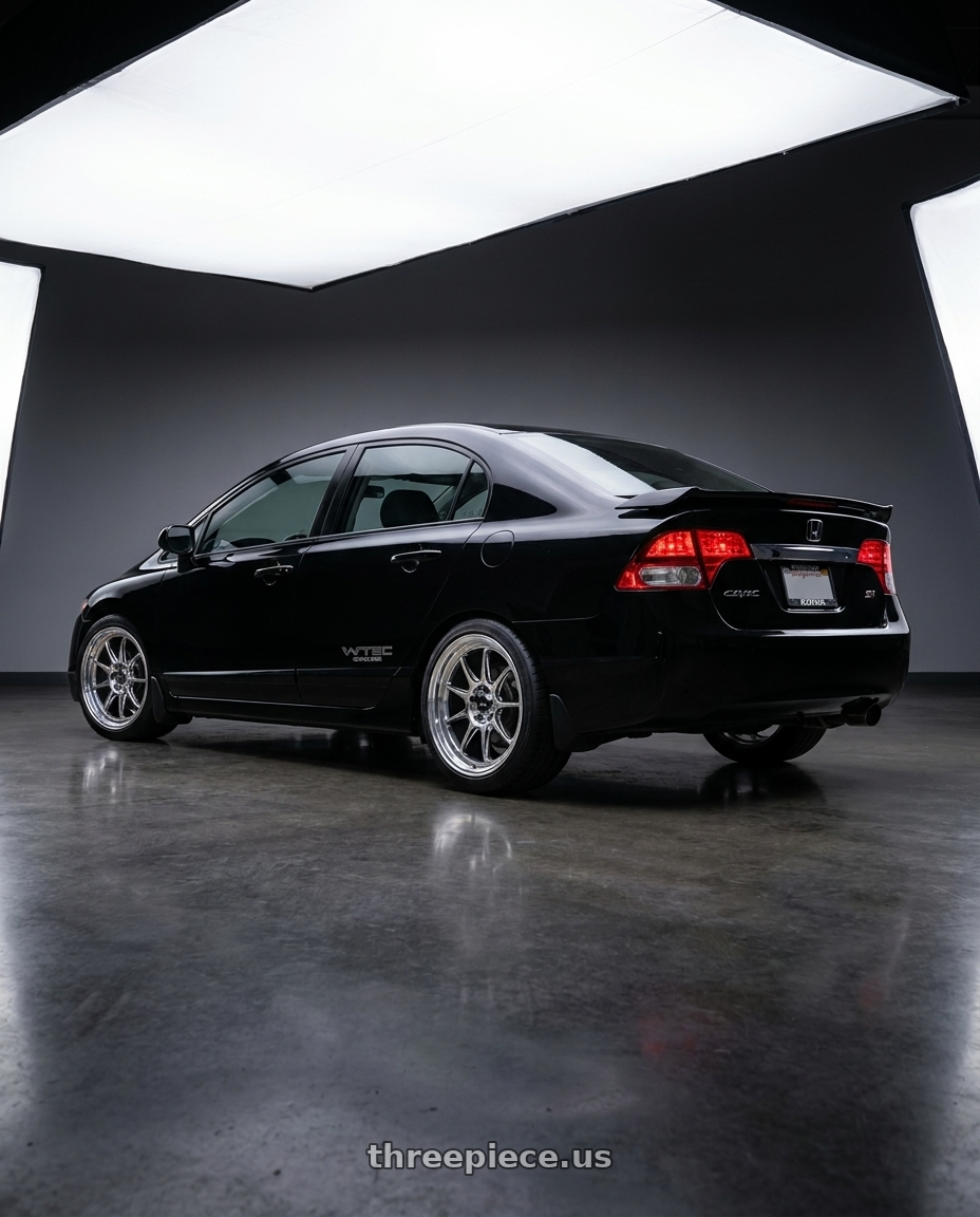 2010 honda civic si sedan with Konig Countergram 5x114.3 19x11+18 Hyper Chrome / Machined Lip wheels rear three quarter view square tires
