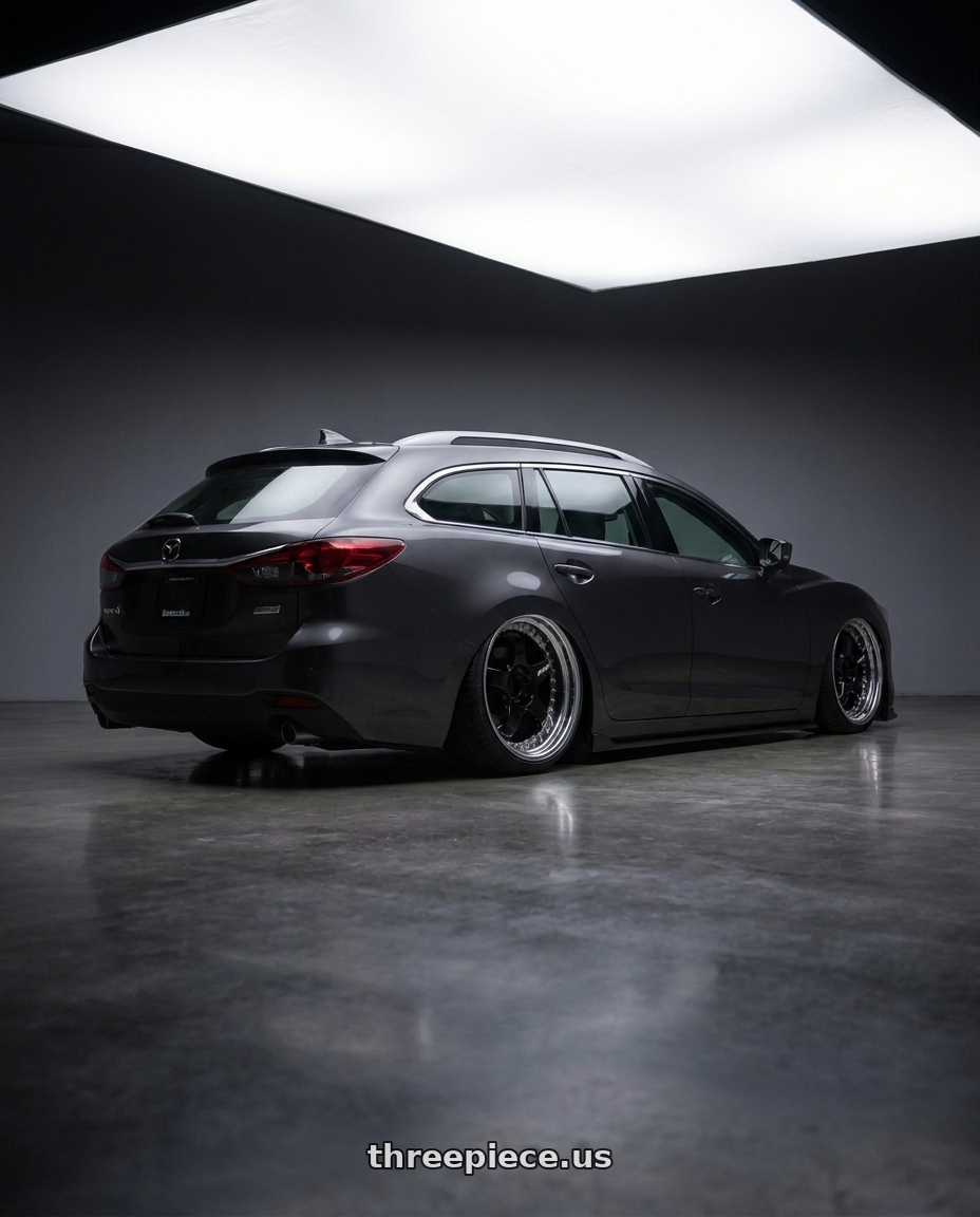 2019 Mazda 6 wagon with Work Meister S1 3P 5x100 18x7.5+54 A Disk Black wheels rear three quarter view square tires