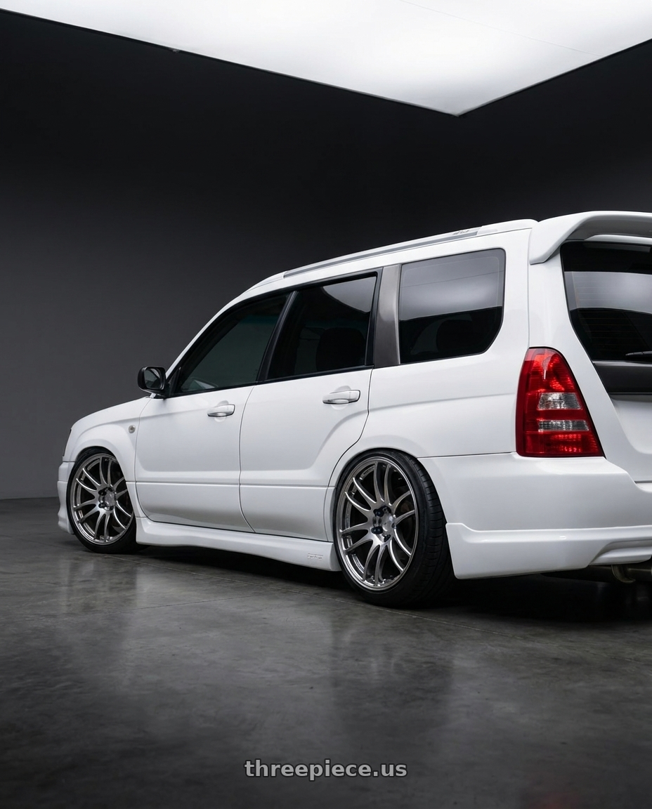 2002 Subaru forester with Work Emotion Cr Kiwami 5x100 17x7 +38 Gt Silver wheels rear three quarter view slight stretch tires