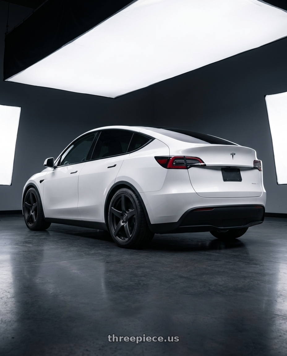2024 Tesla Model Y with Forgestar CF5 5x114.3 20x9 +35 Satin Black wheels rear three quarter view square tires