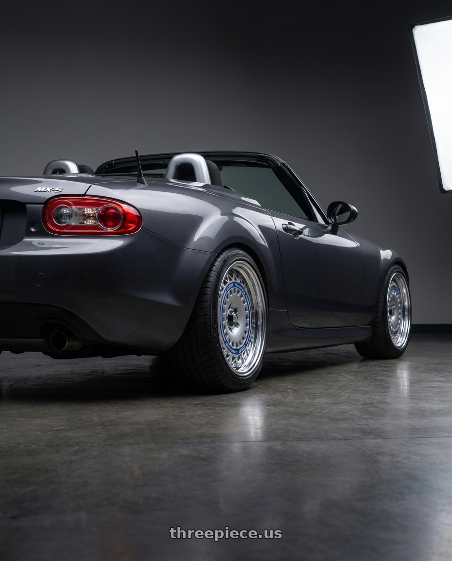2014 Mazda mx5 Miata  with FORMULA AERO MESH 5x114.3 19X9.5+43 NR Disk Titan Silver wheels rear three quarter view square tires