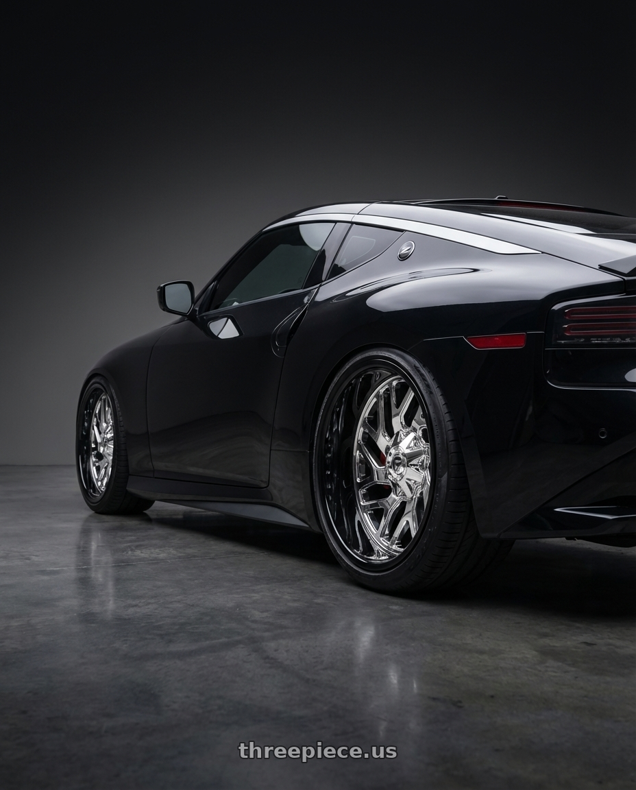 2023 Nissan z with Fuel 2PC D210 TRITON 8X165.1 22X14 -70 CHROME PLATED wheels rear three quarter view slight stretch tires