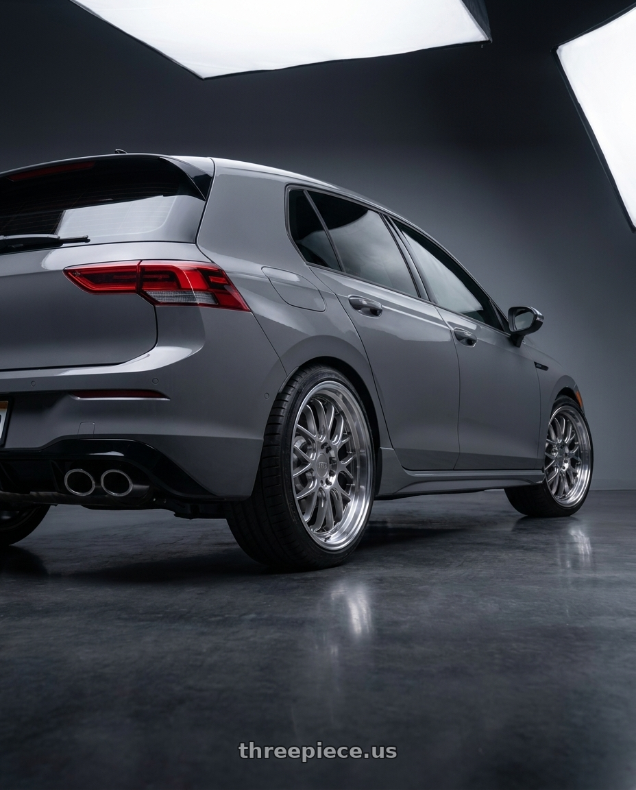 2026 Volkswagen Golf R Graphite with F1R F21 5x112/5x114.3 18x8.5 +45 Hyper Black/Polish Lip v2 wheels rear three quarter view square tires
