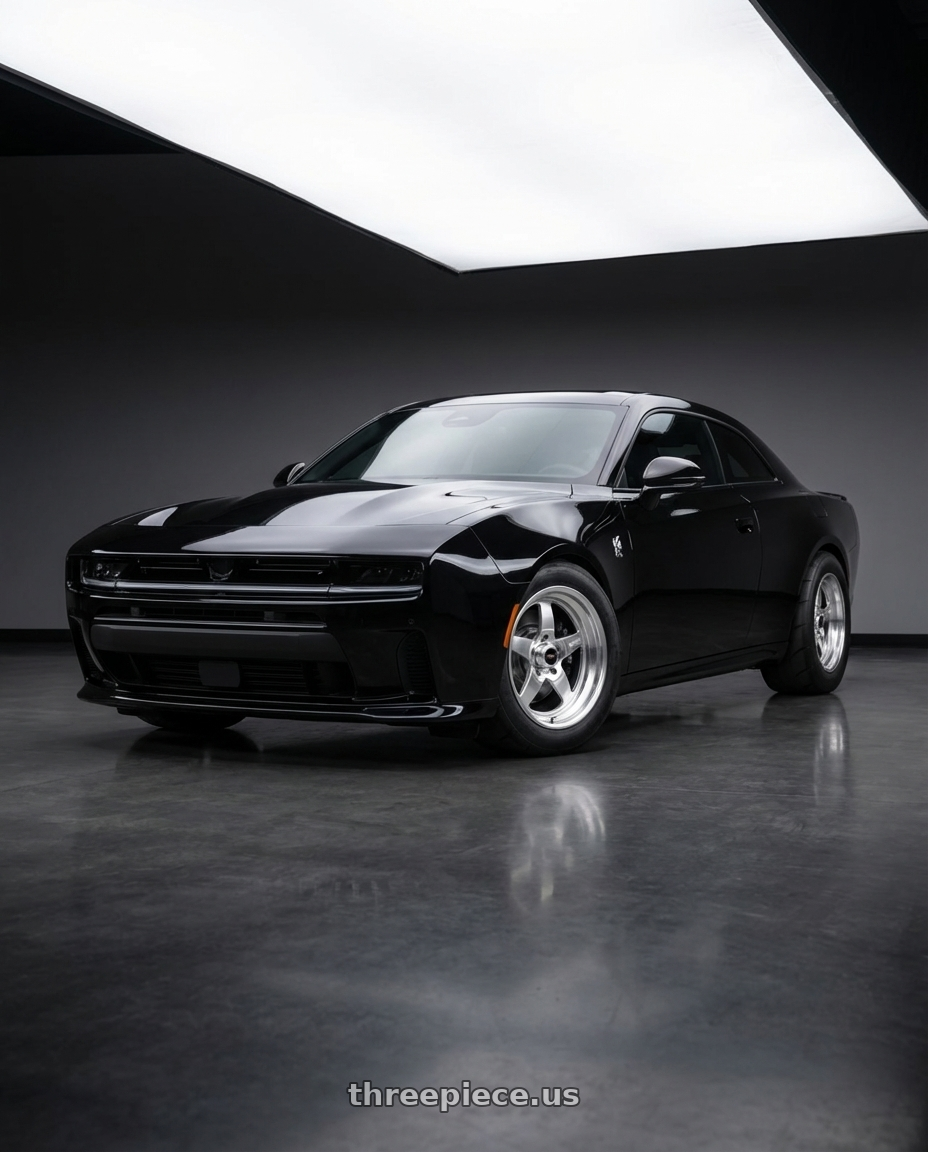 2026 Dodge charger six pack, scat pack, black with WELD Street Performance Ventura 5x127 20x8 0 Gloss Silver Machined wheels front three quarter view lowered stance