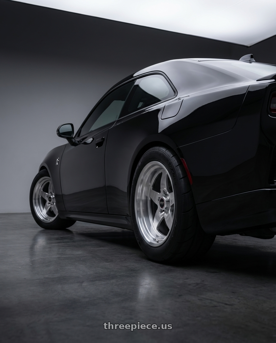 2026 Dodge charger six pack, scat pack, black with WELD Street Performance Ventura 5x127 20x8 0 Gloss Silver Machined wheels rear three quarter view meaty tires