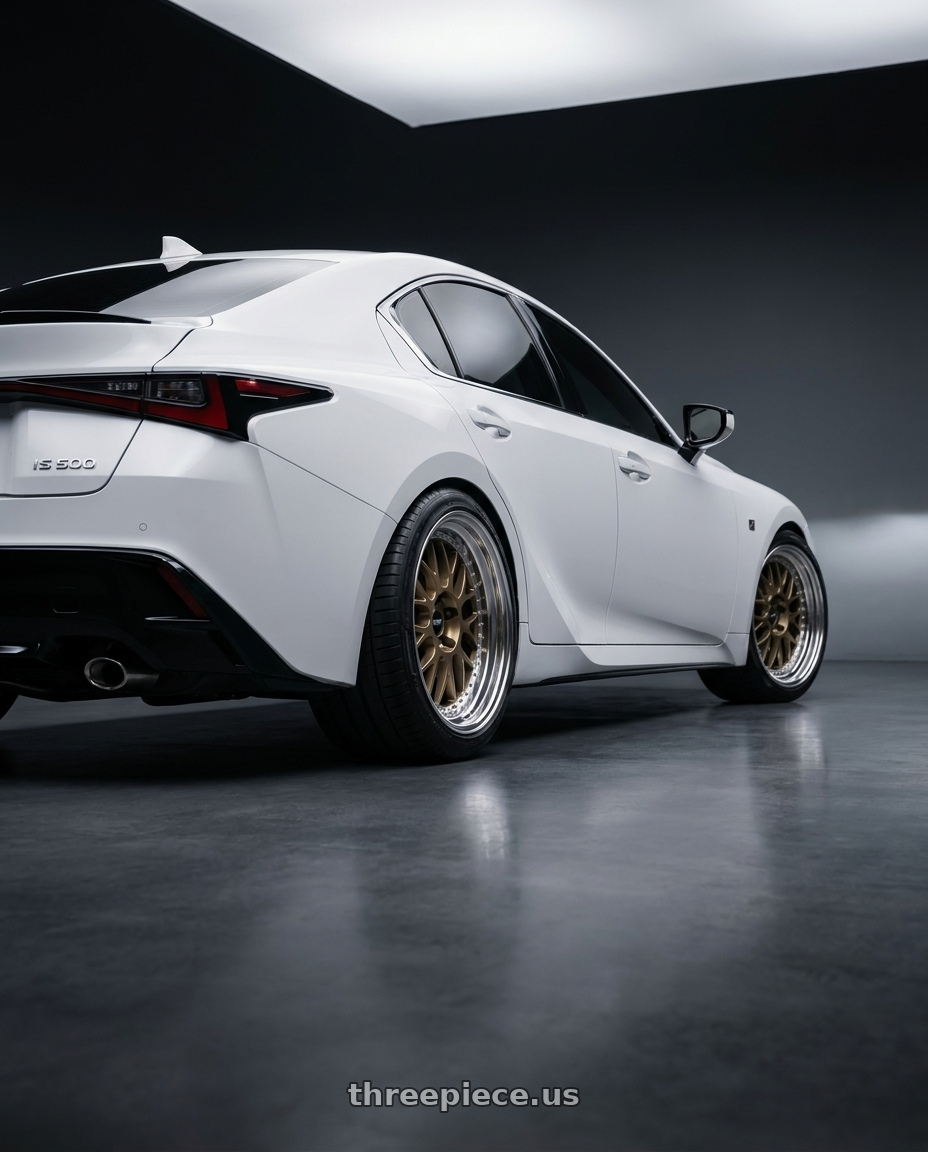 2025 lexus is 500 with Work Meister M1 3p 5x114.3 18x16-78 A Disk Titanium Gold wheels rear three quarter view square tires