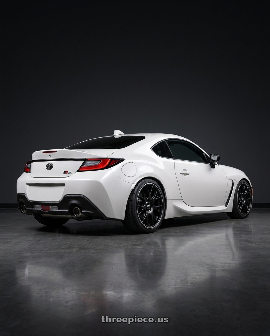 2023  GR86 white with BBS CH-R 5x112 18x8.5 +38 Satin Black Polished Rim Protector wheels rear three quarter view square tires