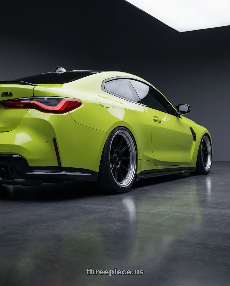 2024 BMW M4 G82 with Konig Countergram 5x112 19x9.5+30 Matte Black / Matte Machined Lip wheels rear three quarter view slight stretch tires