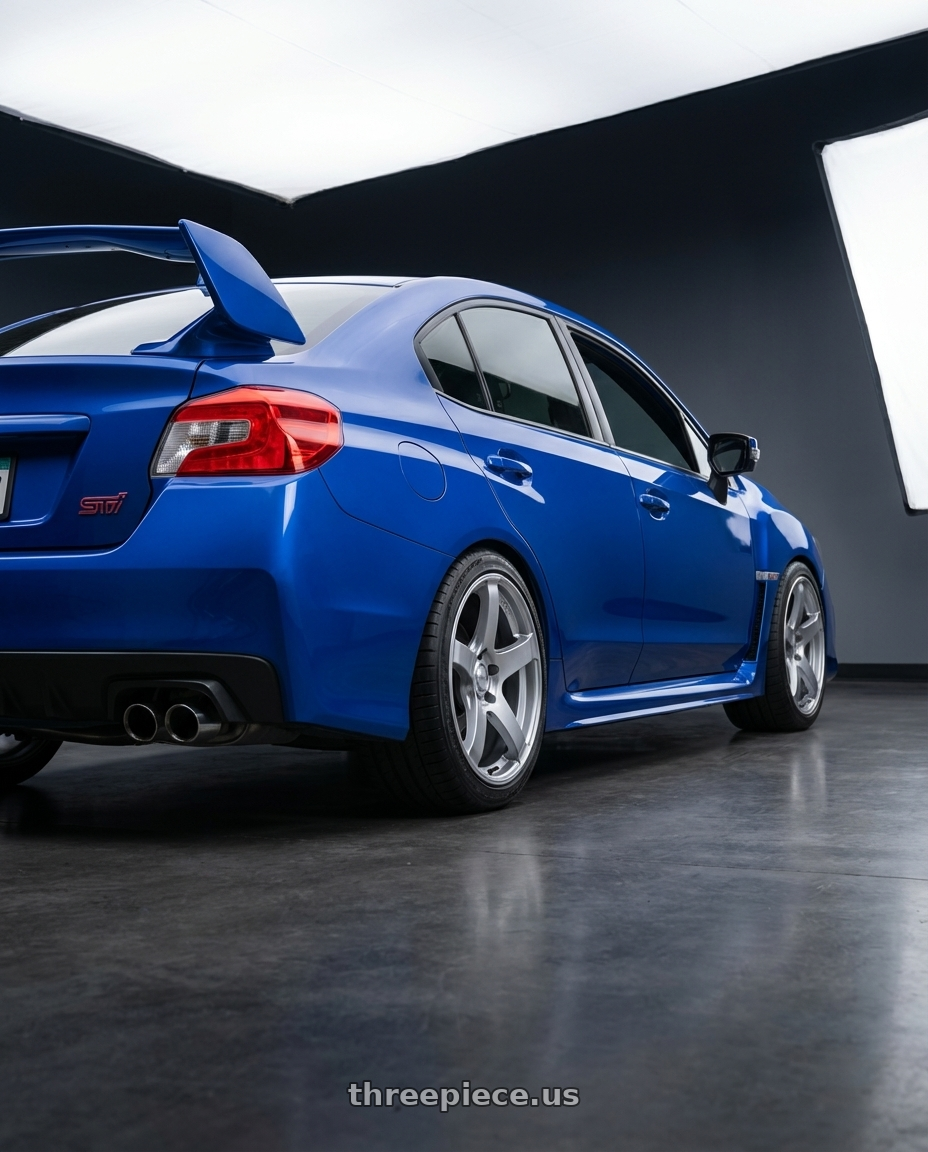 2018 Subaru WRX STI with Ssr Gtv01 5x114.3 18x10.5+15  GLARE SILVER wheels rear three quarter view square tires