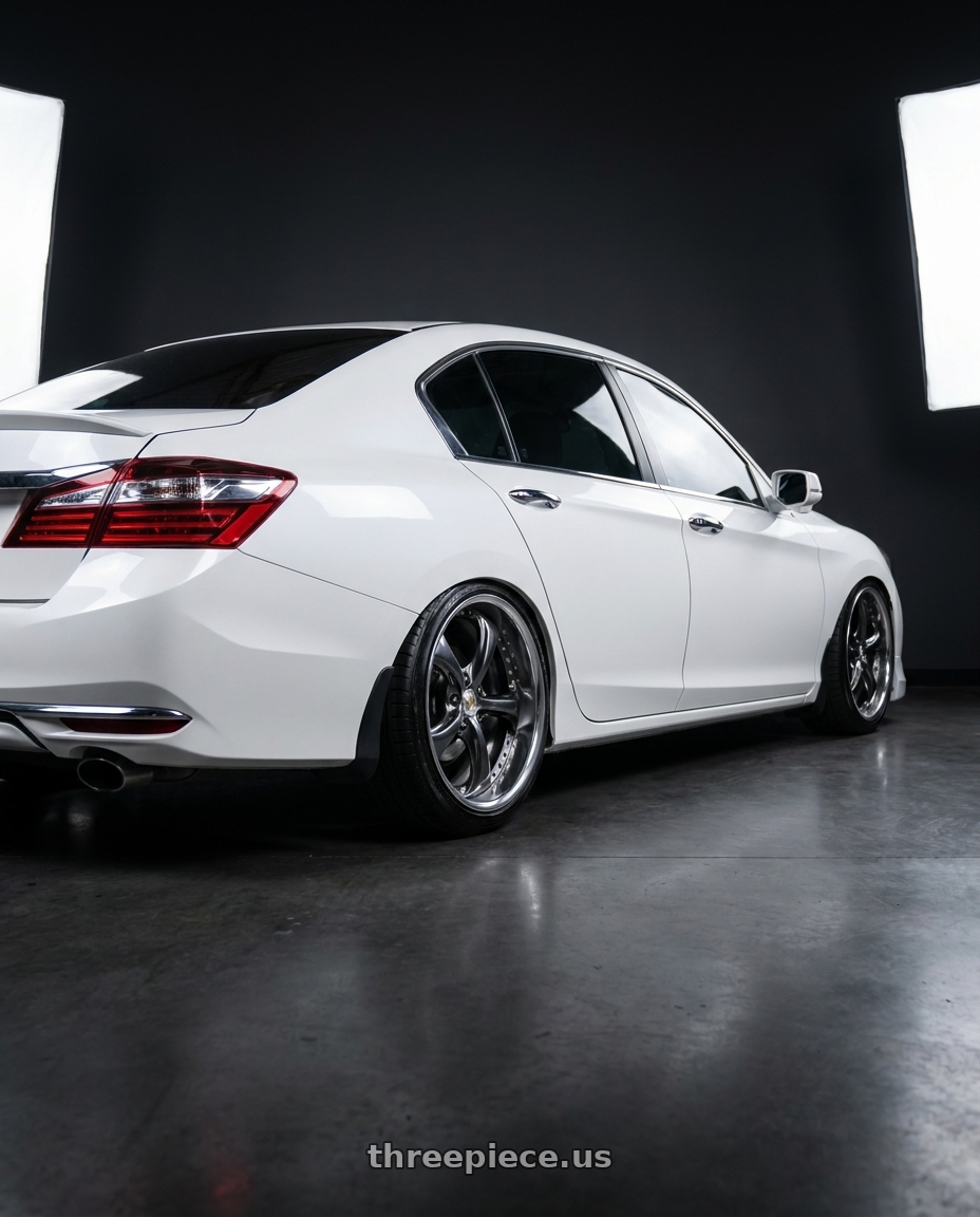 2016 Honda accod with Work Wheels VS-KF 5x100 19x8.5+1 Brilliant Silver Black R Disk FULL REVERSE wheels rear three quarter view slight stretch tires