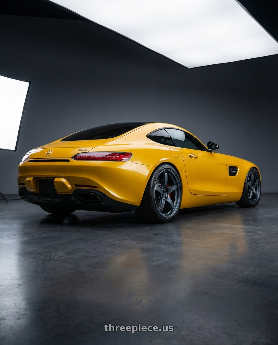 2019 Mercedes-Benz AMG GT with Gram Lights 57CR 5x112 19x10.5+22 Gunblue II wheels rear three quarter view square tires