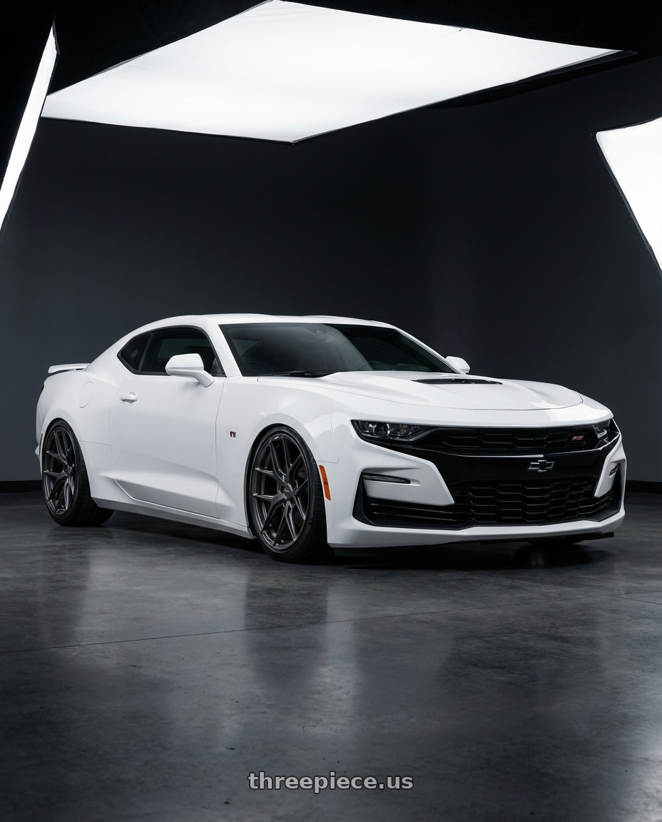 2022 Chevrolet Camaro with Vossen HF-5 20x9 / 5x120 / ET35 / Flat Face / 72.56 - Matte Gunmetal Wheel - HF5-0B02 wheels front three quarter view stanced stance