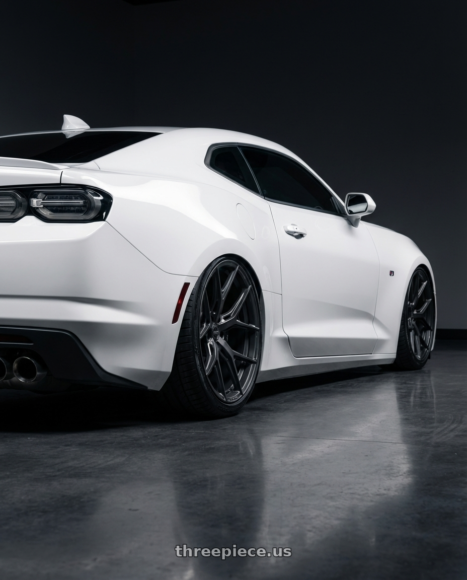 2022 Chevrolet Camaro with Vossen HF-5 20x9 / 5x120 / ET35 / Flat Face / 72.56 - Matte Gunmetal Wheel - HF5-0B02 wheels rear three quarter view slight stretch tires