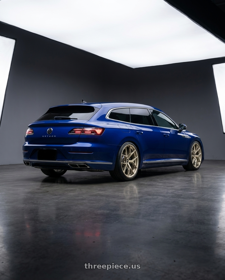 2023 vw Arteon shooting brake Lapiz Blue with BBS FI-R Evo 5x112 19x9.5+15 White Gold wheels rear three quarter view slight stretch tires