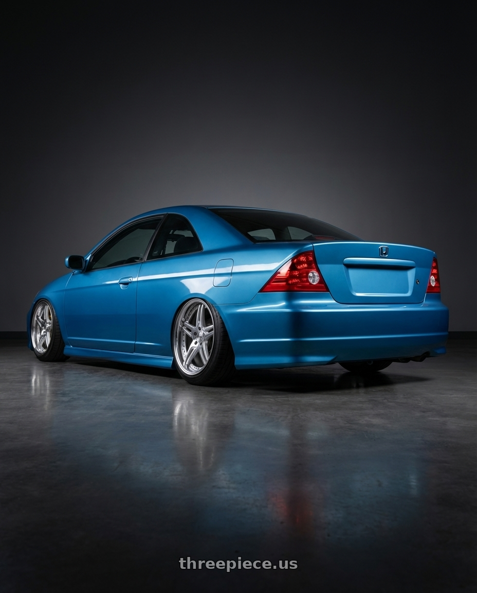 2004 honda civic em2 fiji blue with DURANDAL DD5.2 SILVER POLISHED 5x100 19x8.5 +1MM wheels rear three quarter view meaty tires