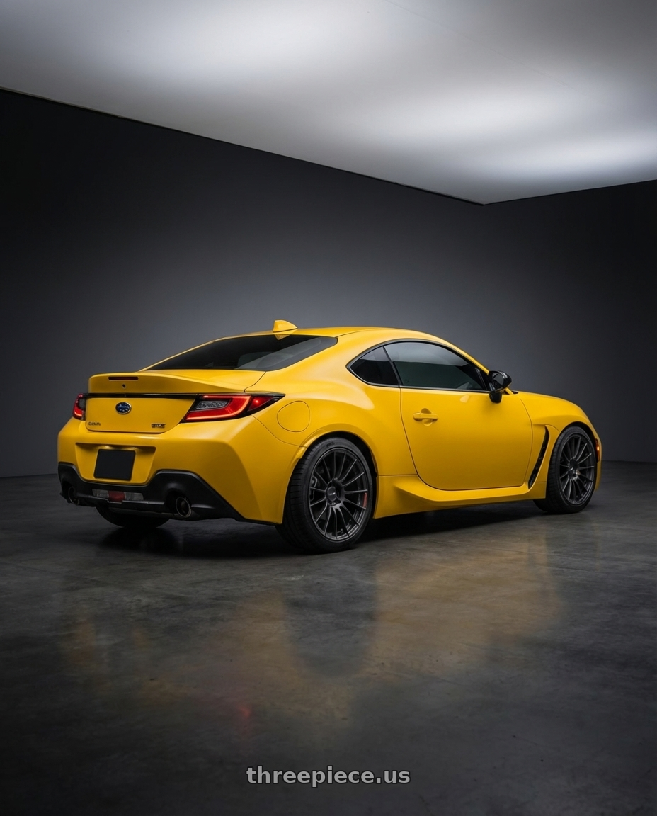 2026 Subaru BRZ Series.Yellow with Enkei RS05-RR 5x100 18x9.5+43 Matte Gunmetal wheels rear three quarter view square tires