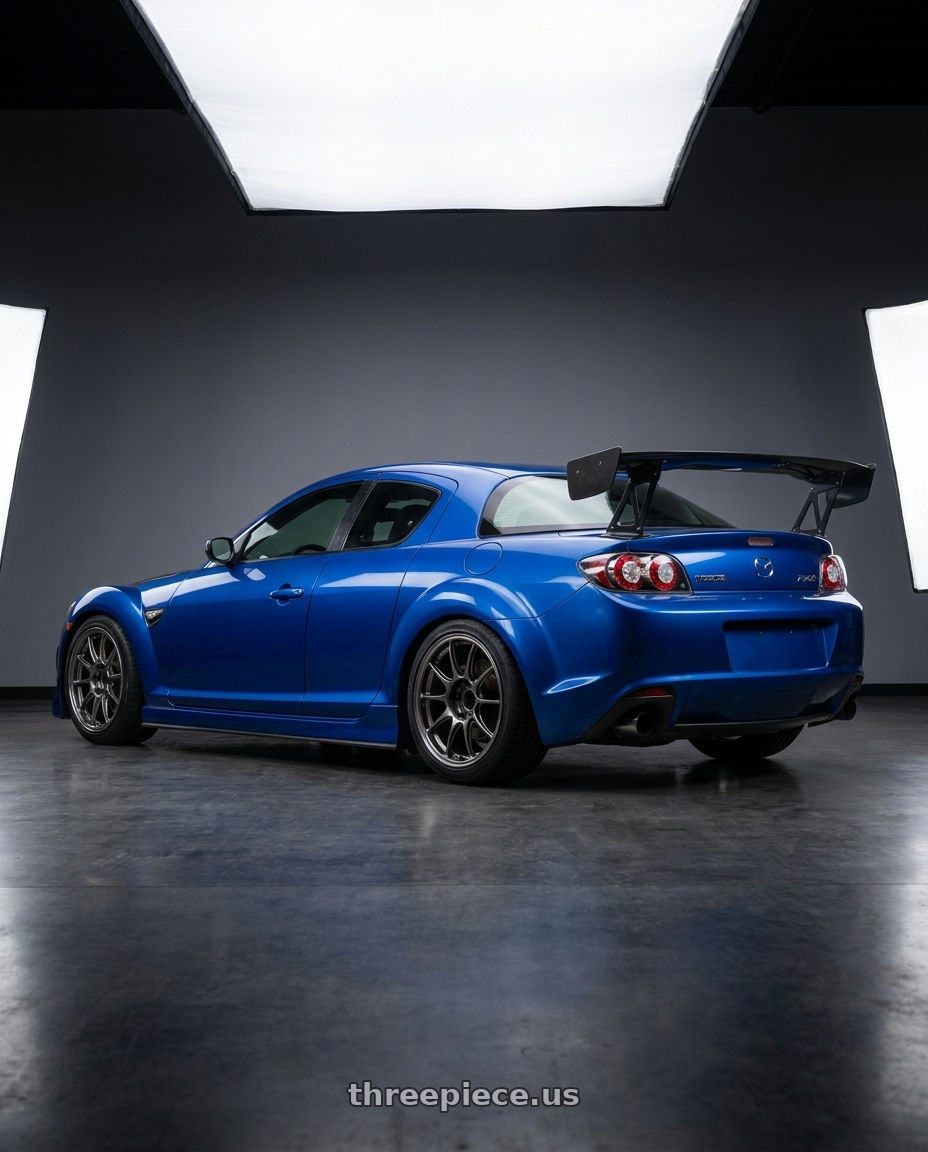 2010 Mazda RX8 with WedsSport TC105X 5x114.3 18x8.5+32 EJ Titan Face: FR wheels rear three quarter view square tires