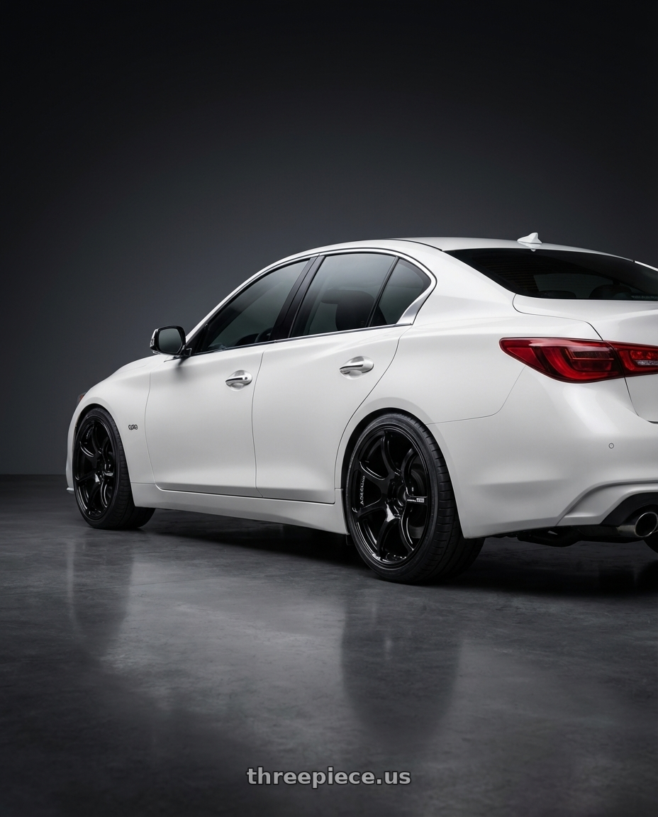 2020 Infiniti Q50 with Advan RGIII 5x114.3 19x9.0+25 Gloss Black wheels rear three quarter view square tires