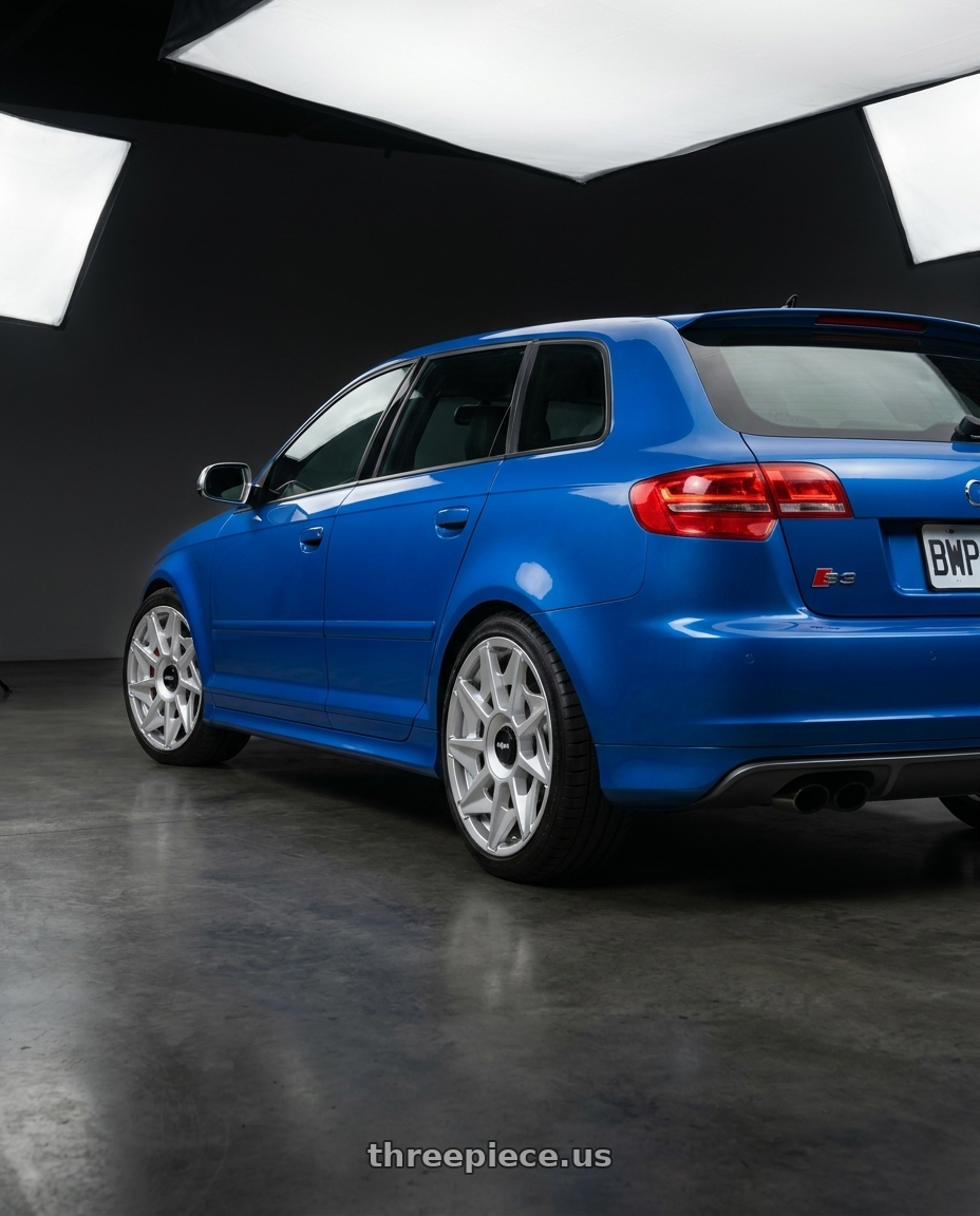 2011 Audi S3 with Rotiform 1PC R124 CVT 5X112 18X8.5 +45 GLOSS SILVER wheels rear three quarter view square tires